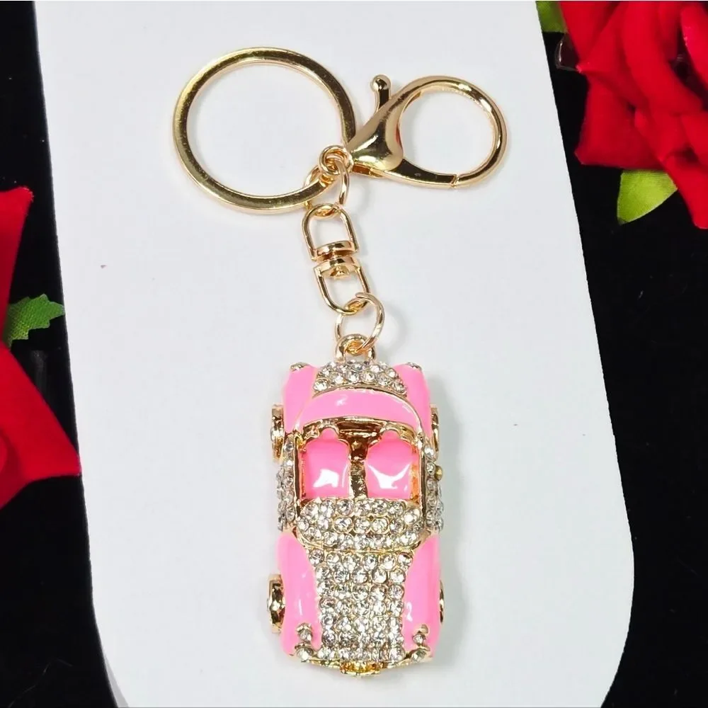 Pink Rhinestone Convertible Car Keychain Gold Bling Purse Bag Charm Car Girl